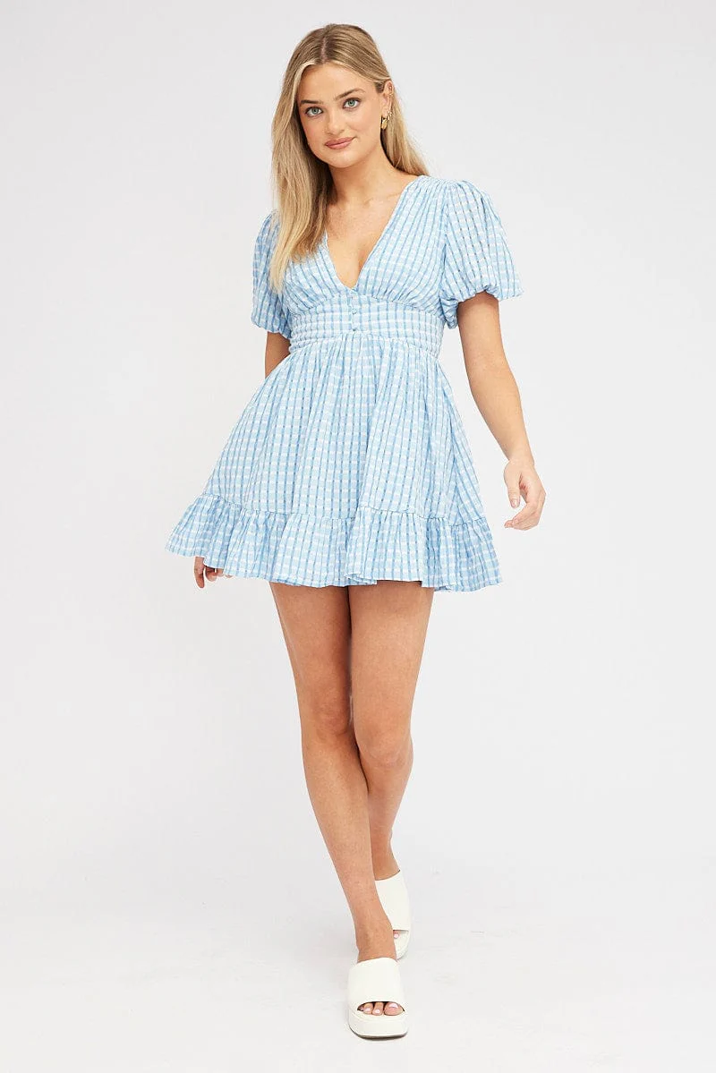 Blue Fit And Flare Dress Puff Sleeve Mini - Image 2