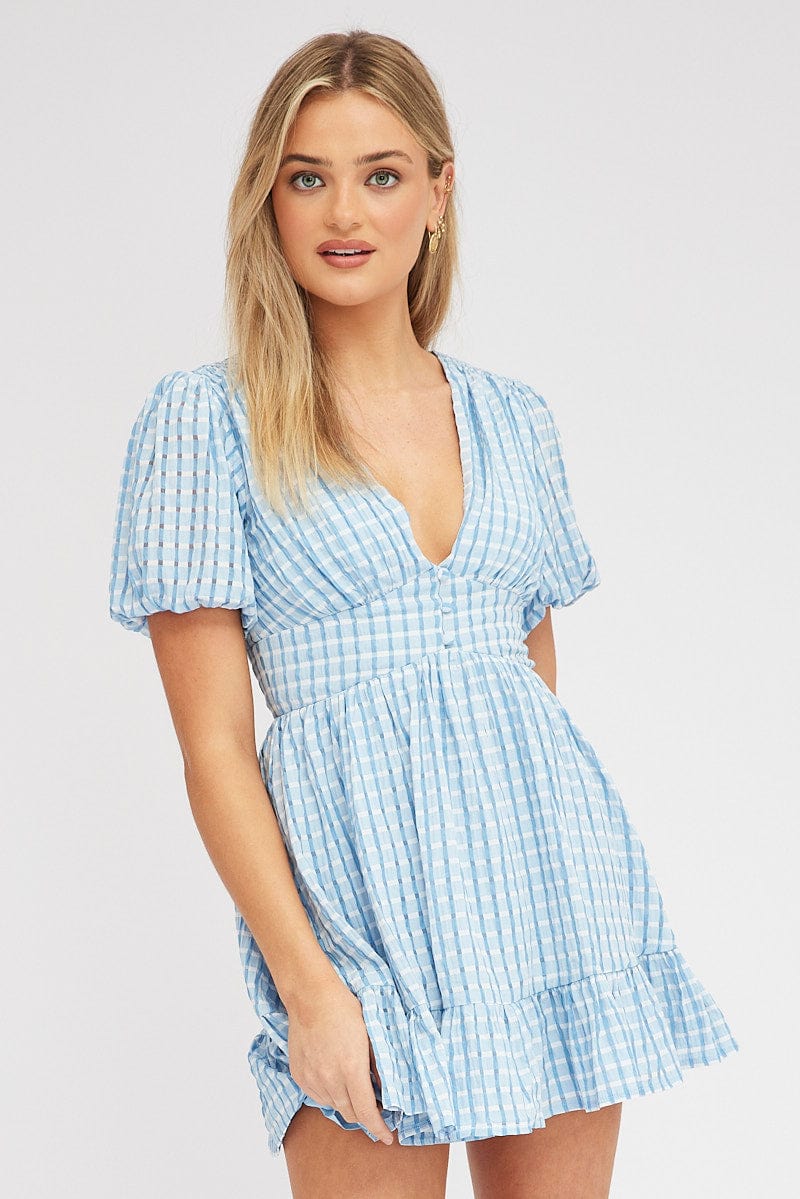 Blue Fit And Flare Dress Puff Sleeve Mini - Image 3