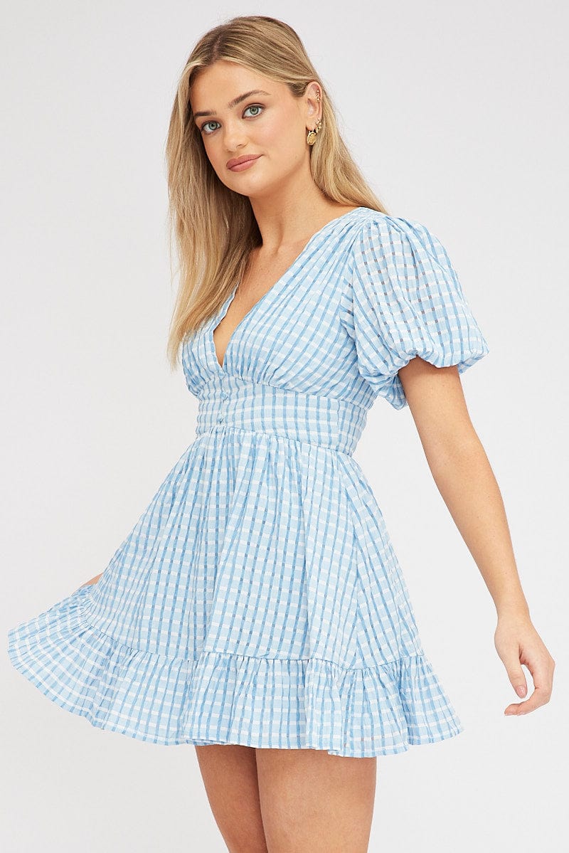 Blue Fit And Flare Dress Puff Sleeve Mini - Image 4