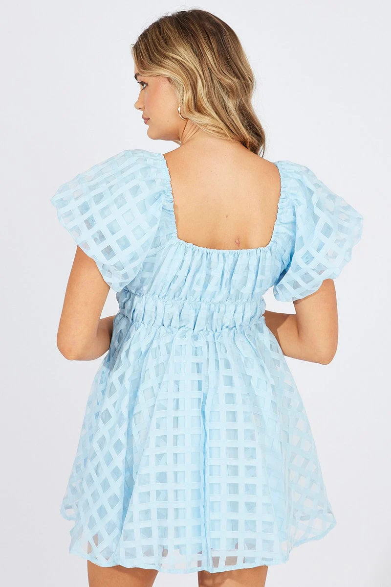 Blue Fit And Flare Dress Puff Sleeve Mini - Image 5