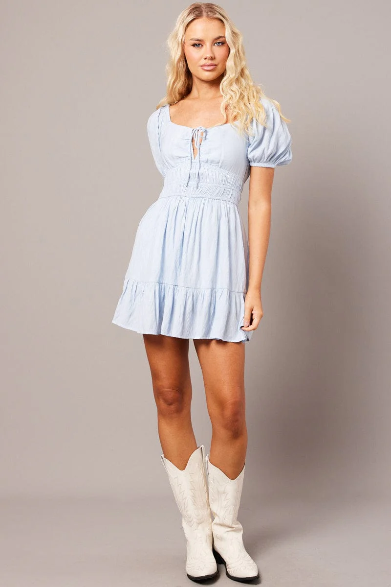 Blue Fit And Flare Dress Puff Sleeve Mini - Image 2