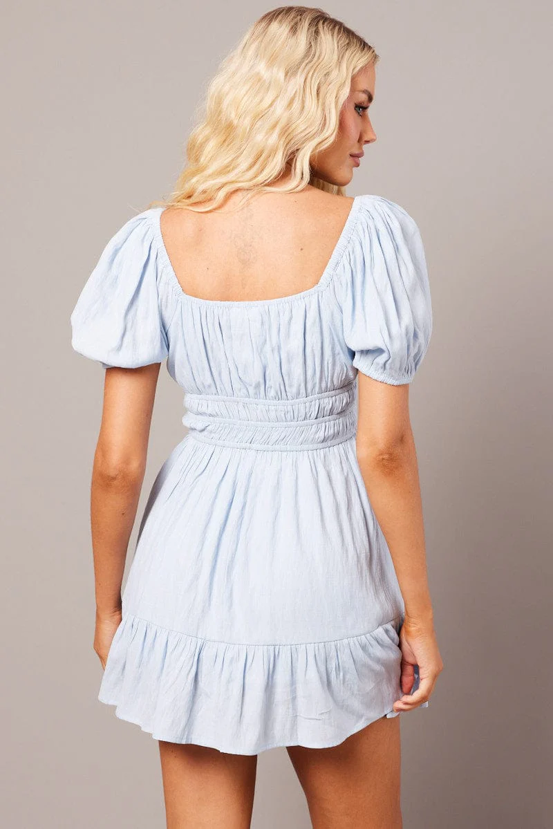 Blue Fit And Flare Dress Puff Sleeve Mini - Image 5
