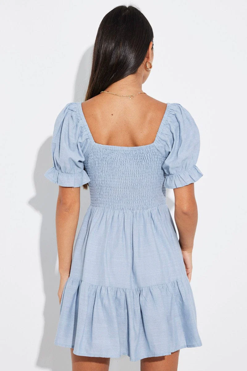 Blue Fit and Flare Dress Short Sleeve Linen Blend - Image 5