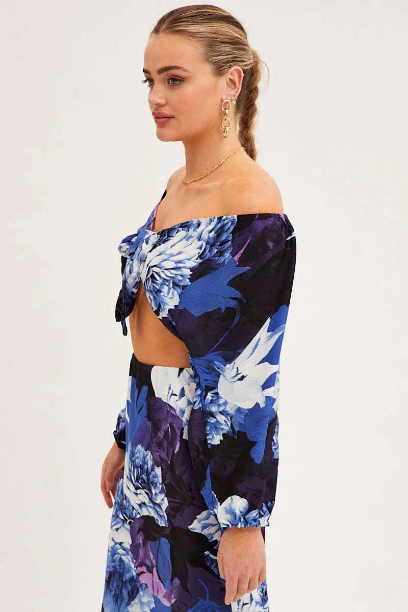 Blue Floral Bolero 3/4 Sleeve Tie Front Crop Satin - Image 11