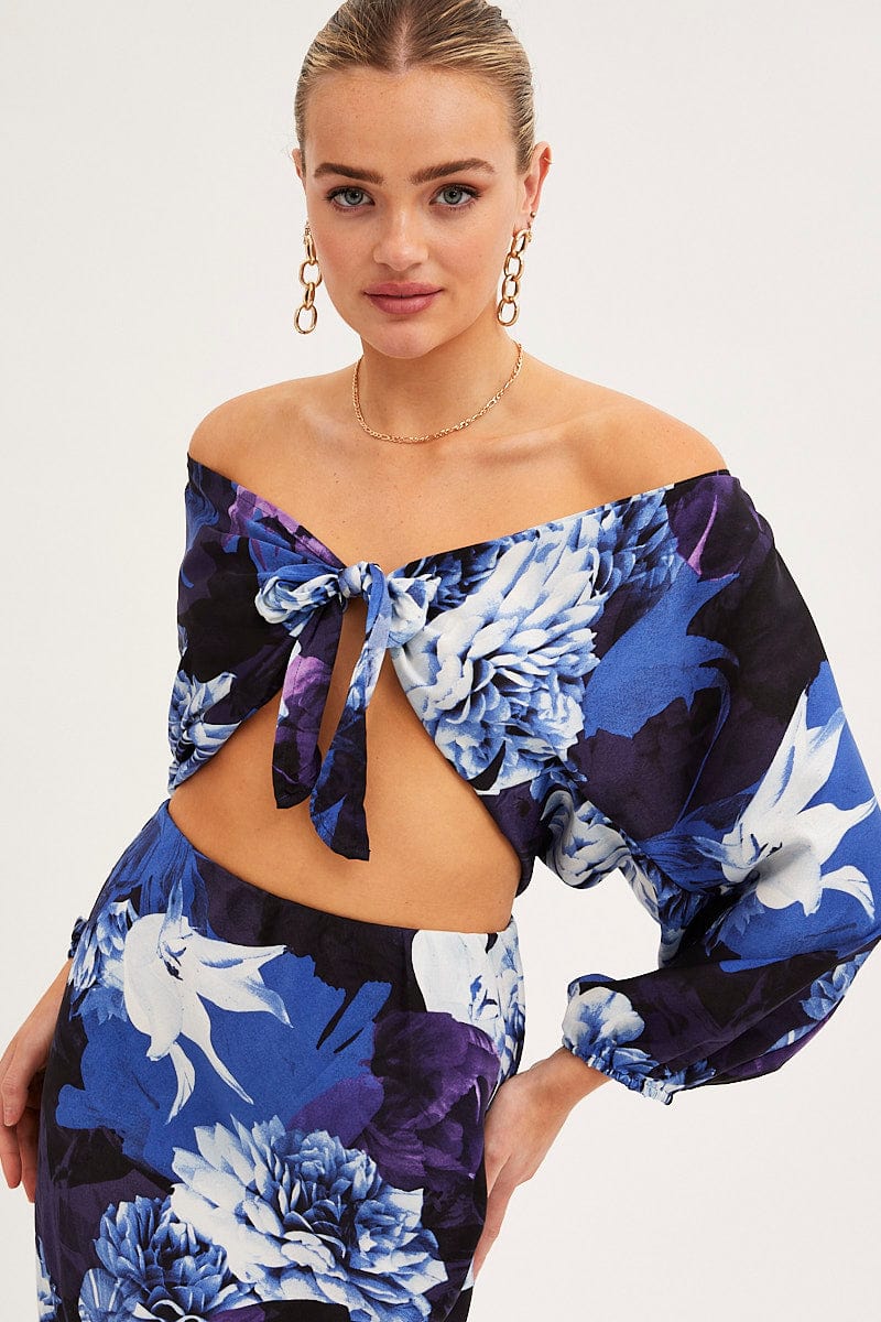 Blue Floral Bolero 3/4 Sleeve Tie Front Crop Satin - Image 8