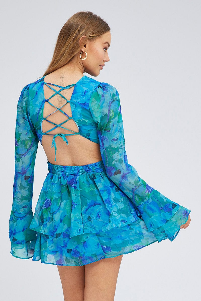 Blue Floral Dress Balloon Sleeve Lace Up Back Ring Chiffon - Image 5