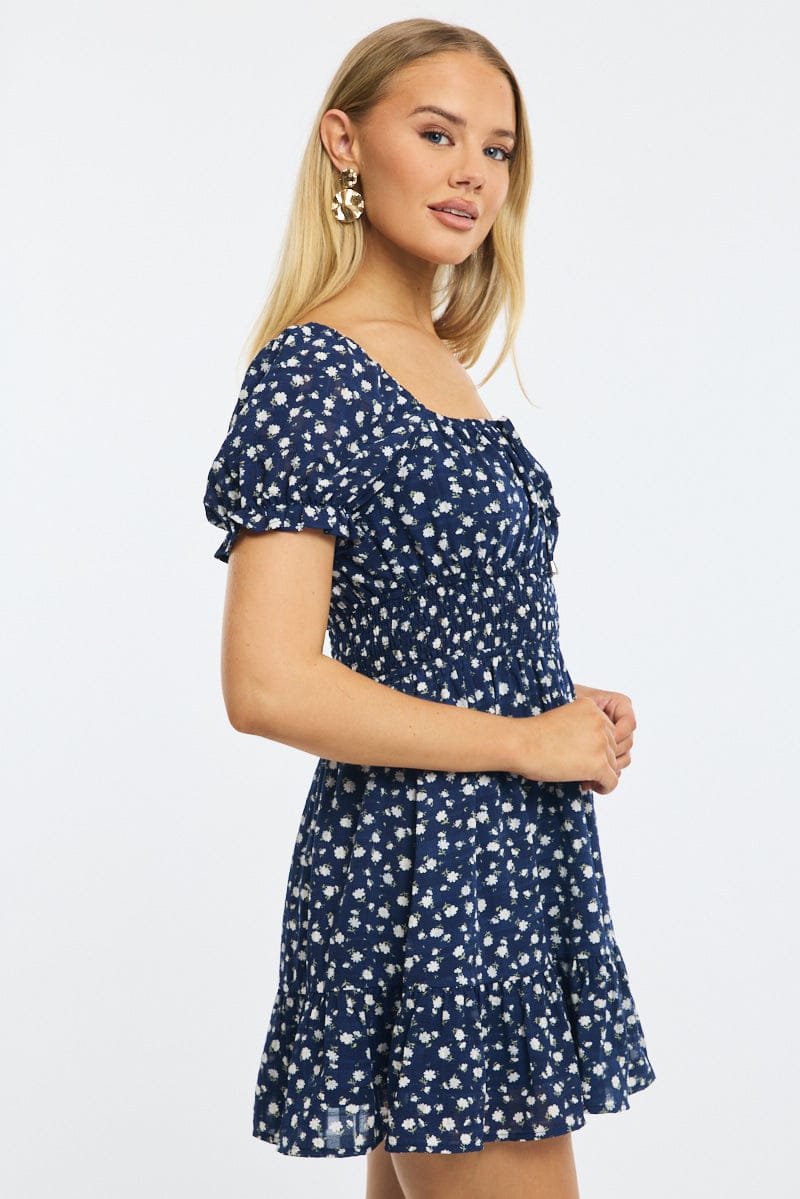 Blue Floral Fit And Flare Dress Puff Sleeve - Image 3