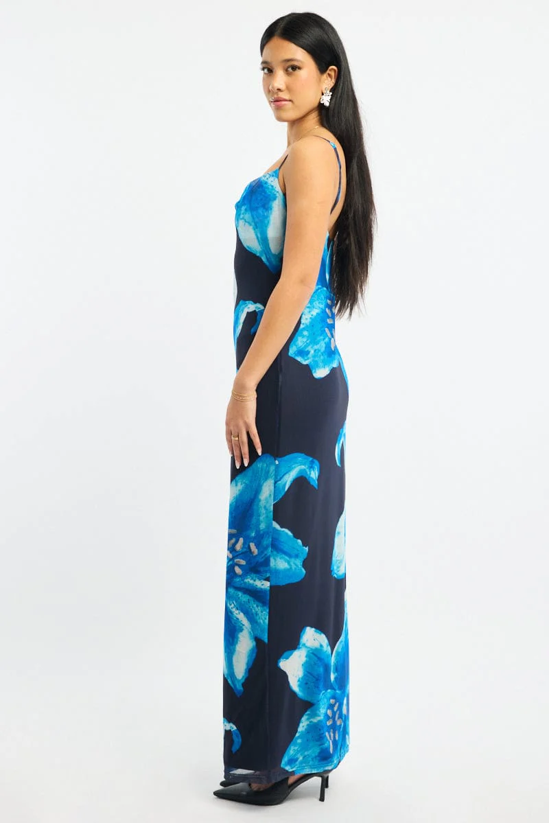 Blue Floral Maxi Dress Cowl Neck Mesh - Image 3