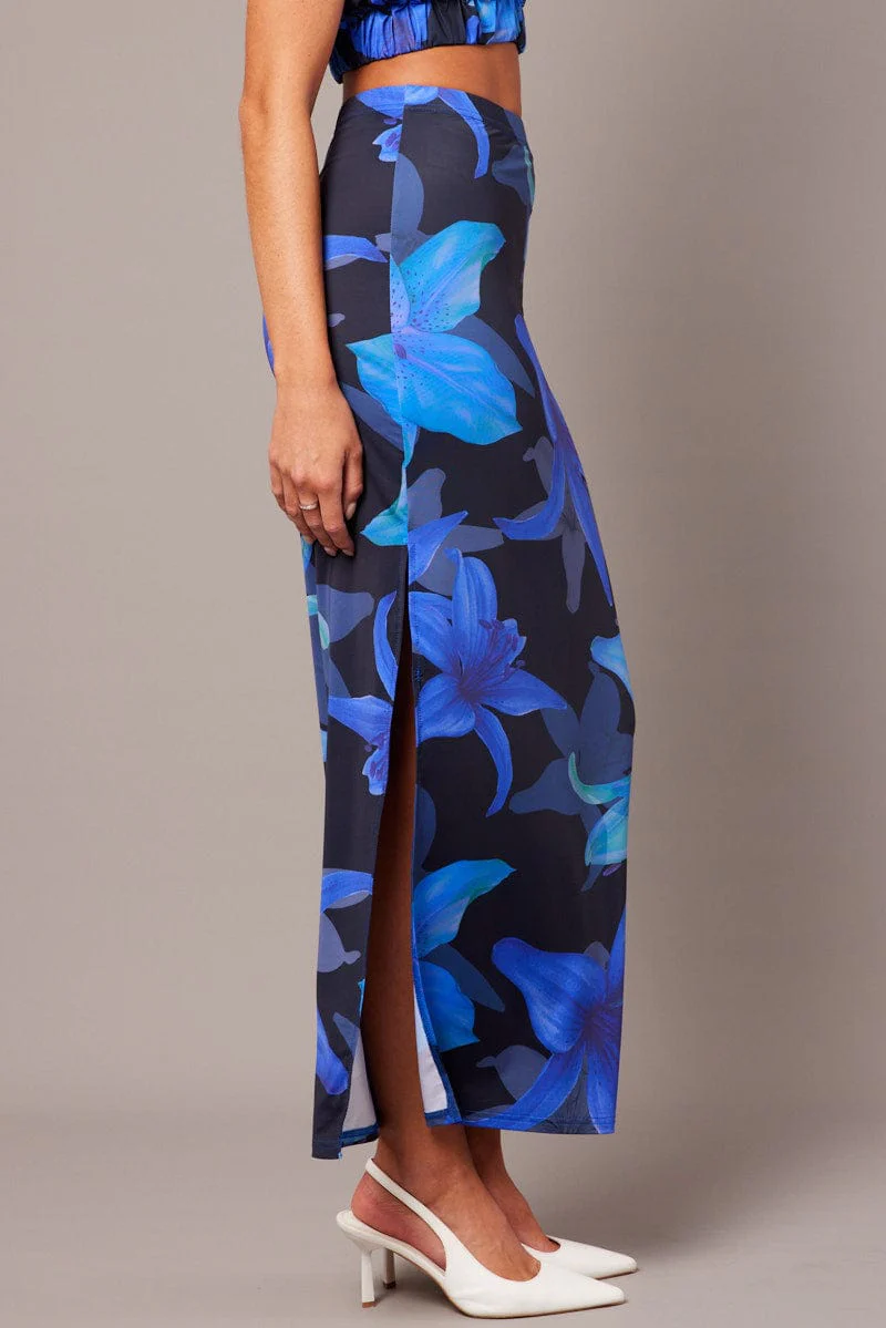Blue Floral Maxi Skirt Tube Side Split Skirt - Image 4
