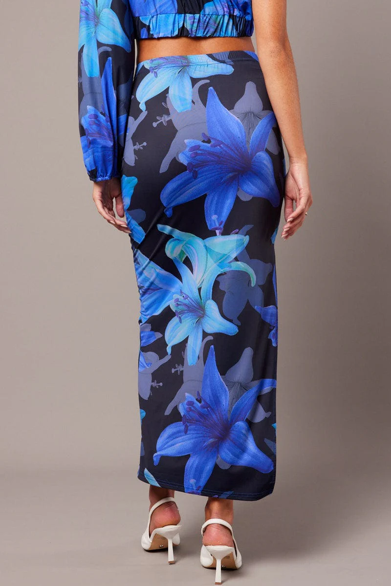Blue Floral Maxi Skirt Tube Side Split Skirt - Image 5