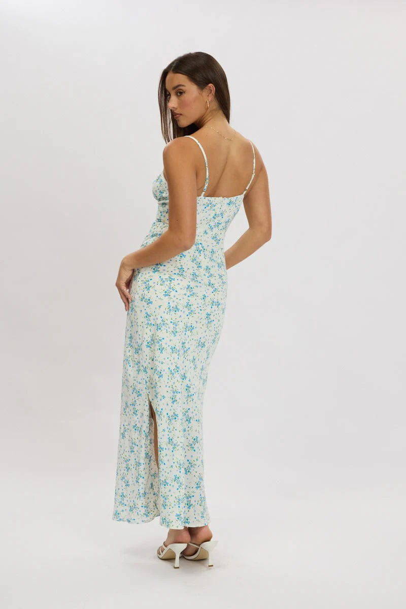 Blue Floral Midi Dress Gathering Bust Sleeveless - Image 4