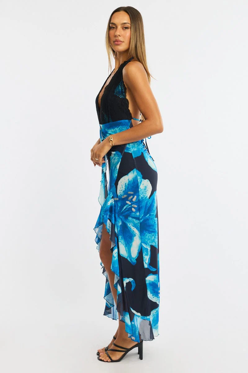 Blue Floral Midi Dress Halter Neck Mesh - Image 3