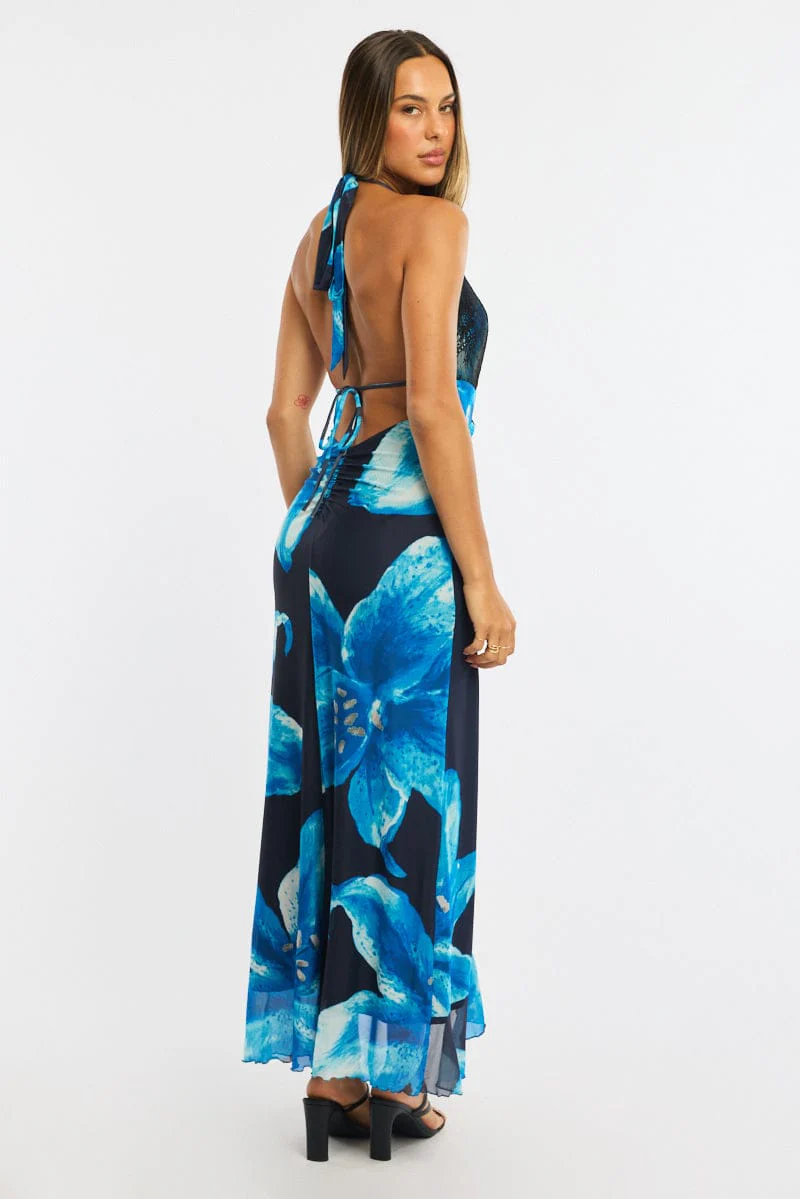 Blue Floral Midi Dress Halter Neck Mesh - Image 4