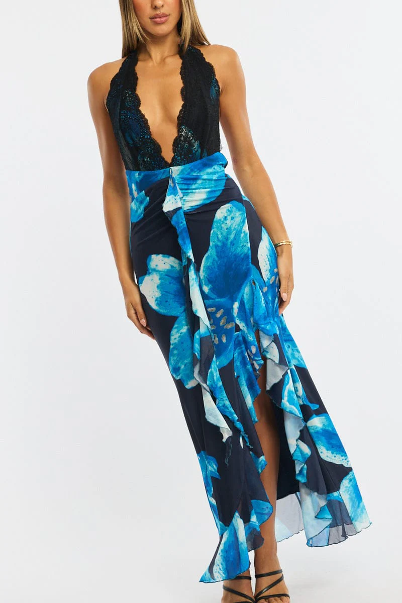 Blue Floral Midi Dress Halter Neck Mesh - Image 5