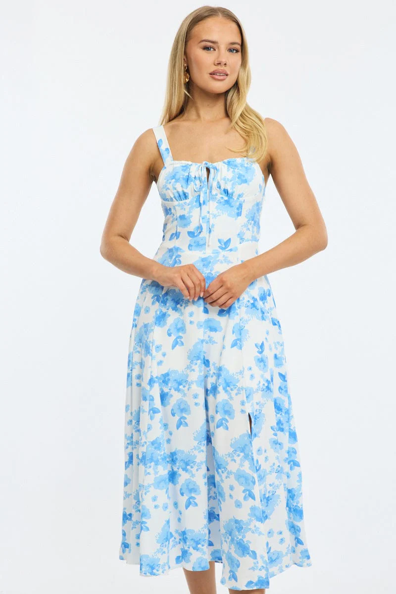 Blue Floral Midi Dress Ruched Bust - Image 2