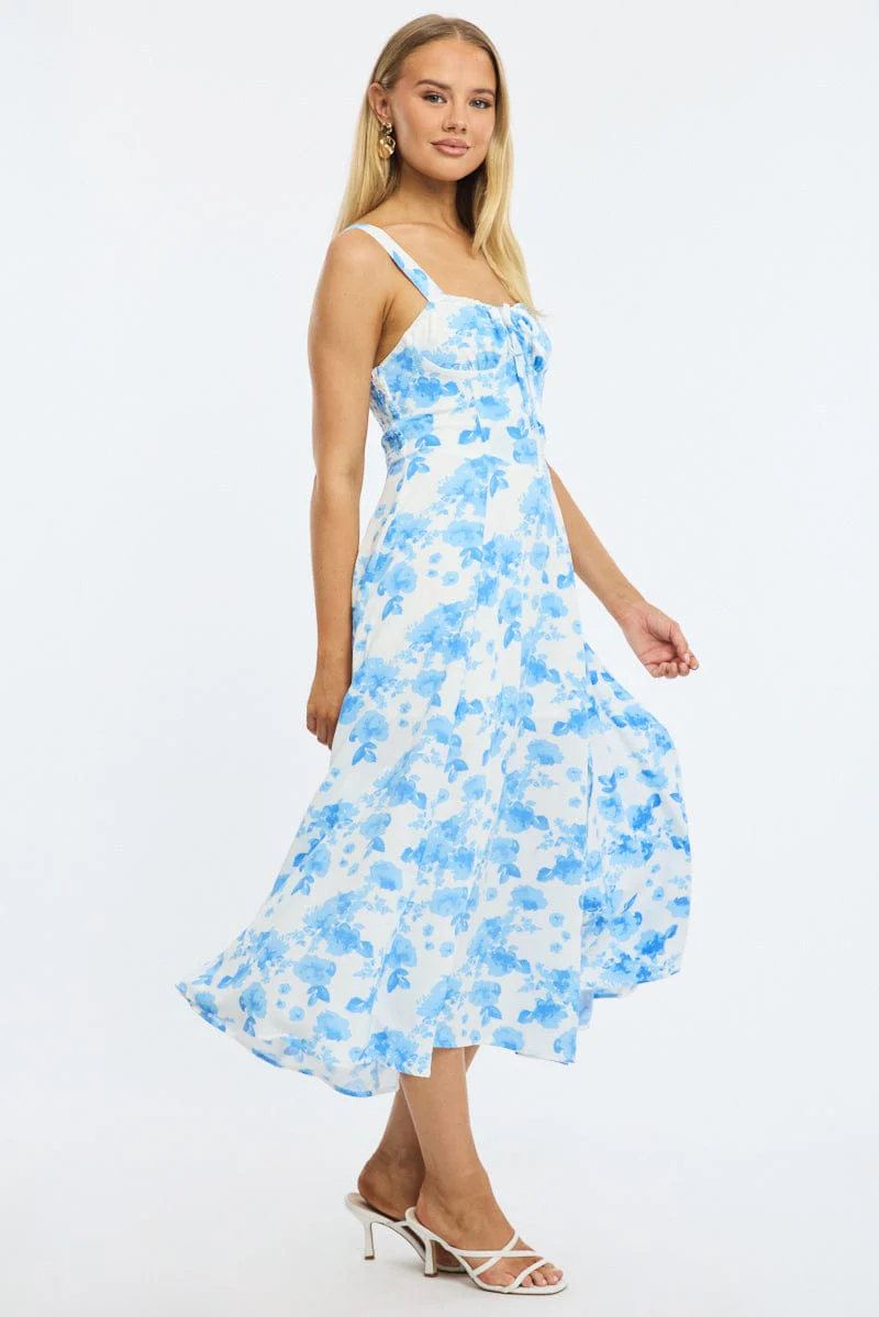 Blue Floral Midi Dress Ruched Bust - Image 3