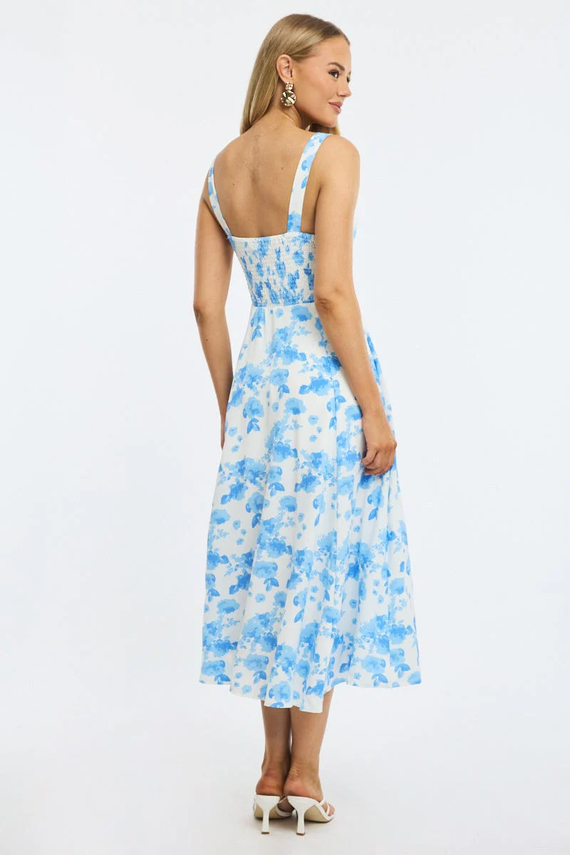 Blue Floral Midi Dress Ruched Bust - Image 4