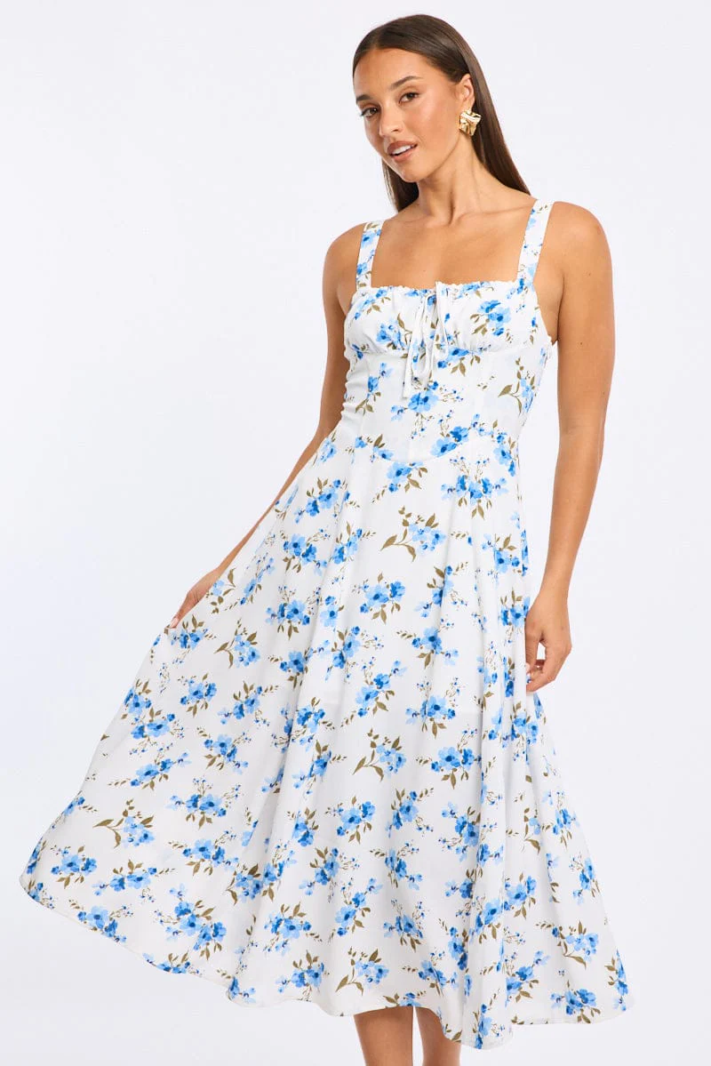 Blue Floral Midi Dress Ruched Bust - Image 2