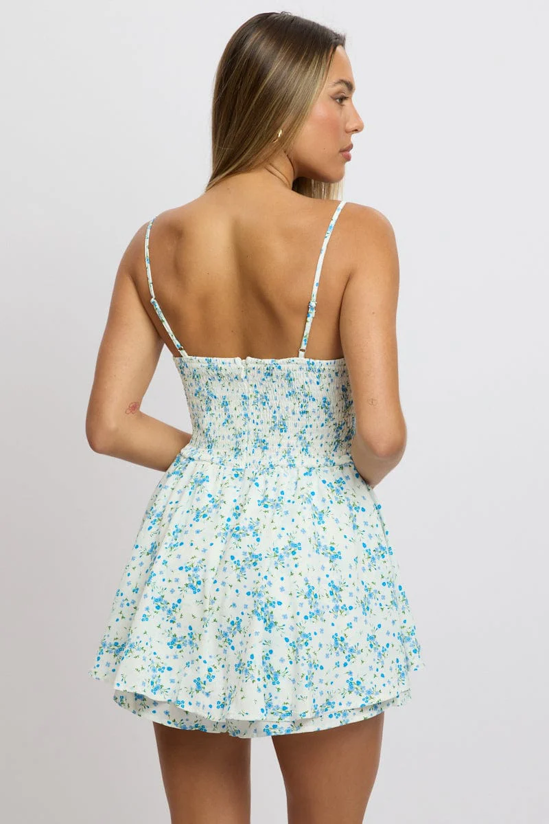 Blue Floral Playsuit Cowlneck Strappy - Image 5