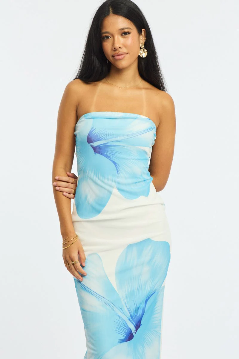 Blue Floral Strapless Maxi Dress - Image 2