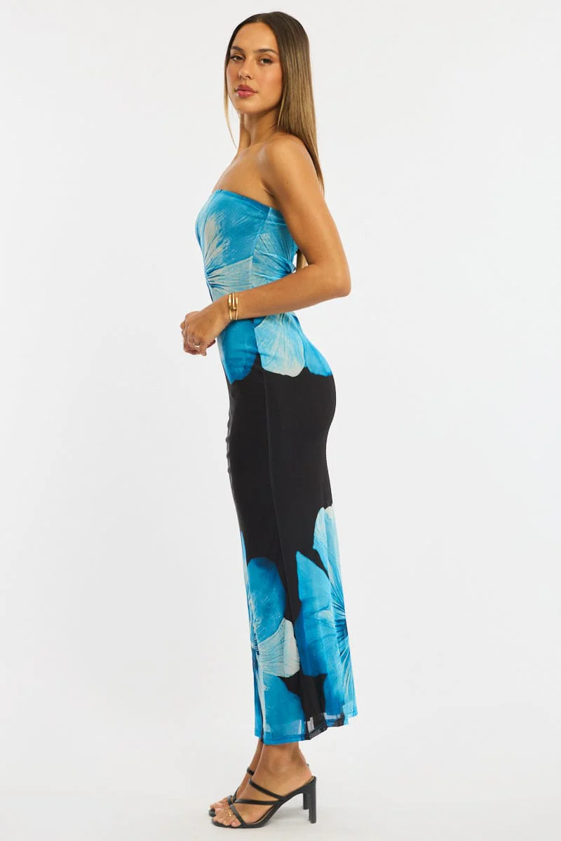 Blue Floral Strapless Maxi Dress - Image 3