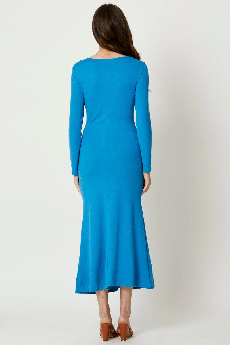 Blue Gathered Front Midi Dress - Image 4