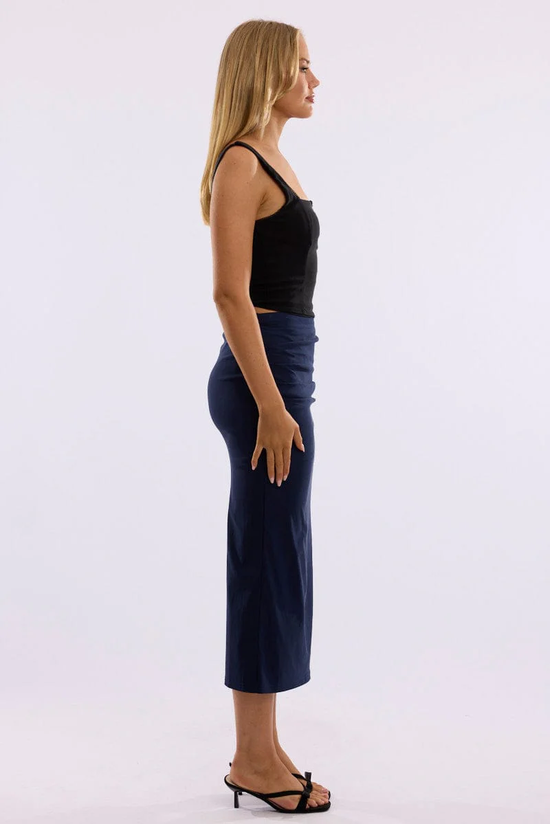 Blue Gathered Midi Skirt High Rise Bengaline Split - Image 3