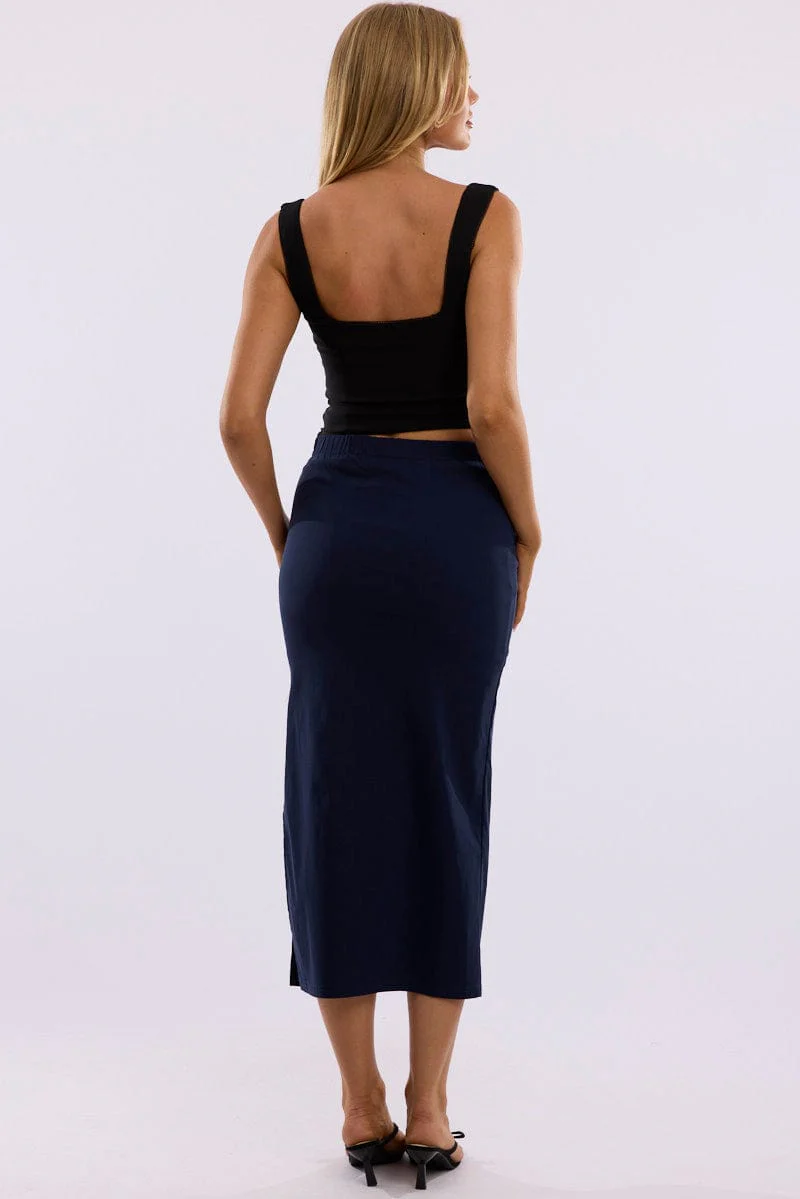 Blue Gathered Midi Skirt High Rise Bengaline Split - Image 4