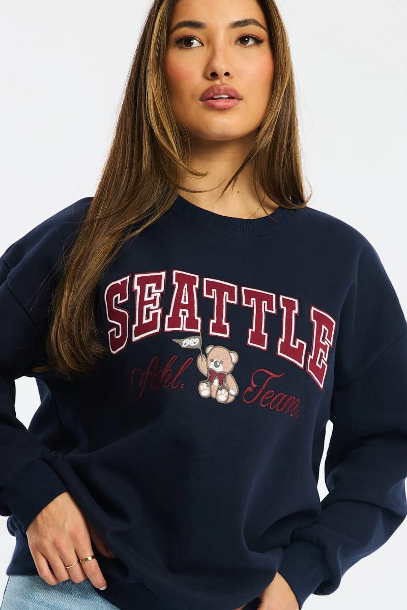 Blue Graphic Sweater Long Sleeve - Image 5