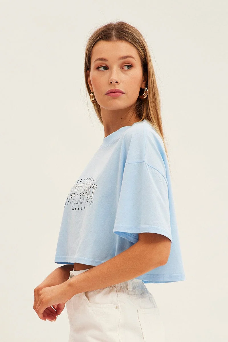 Blue Graphic T-Shirt Crop West Coast Crew Short Sleeve - Image 4