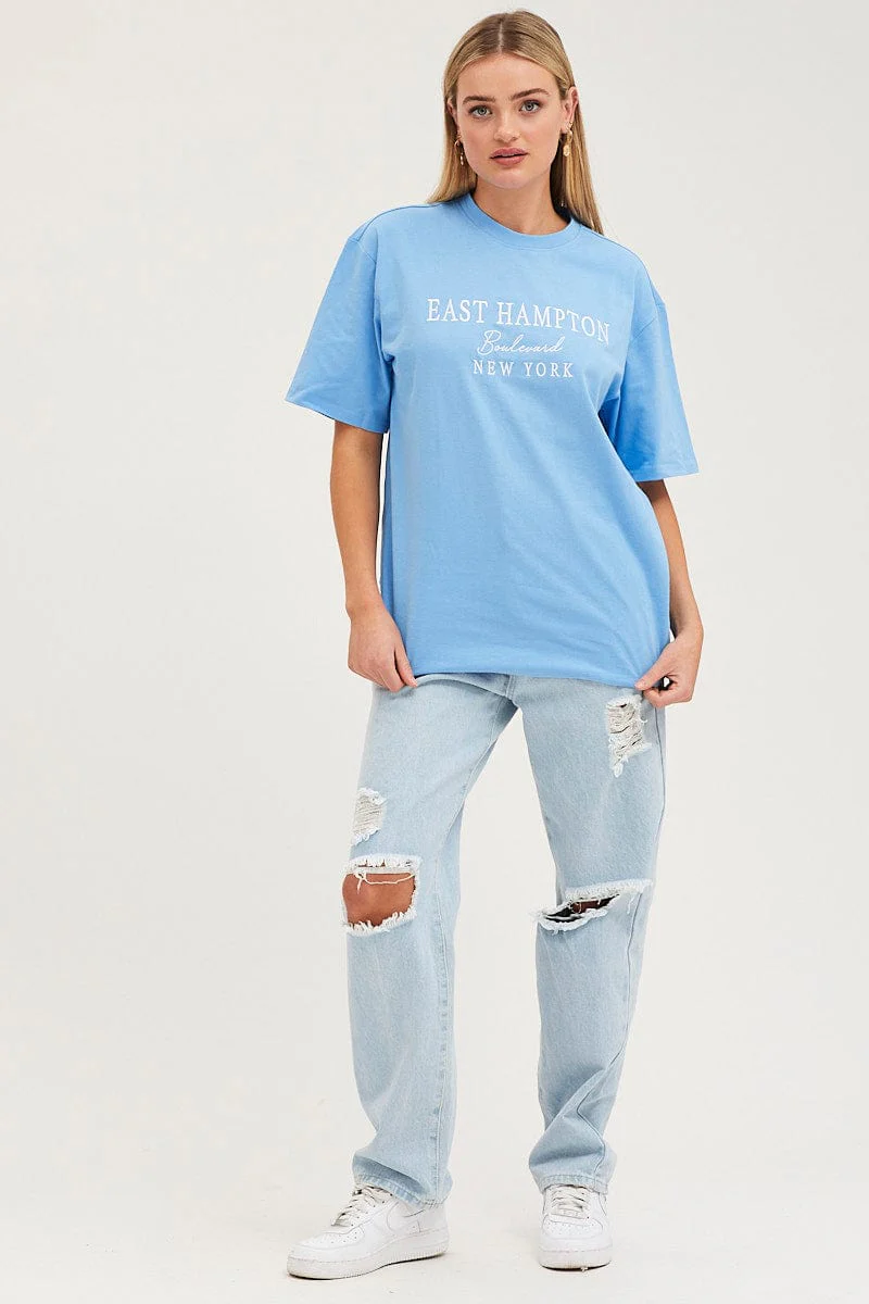 Blue Graphic T-Shirt Oversized Crew Neck - Image 2