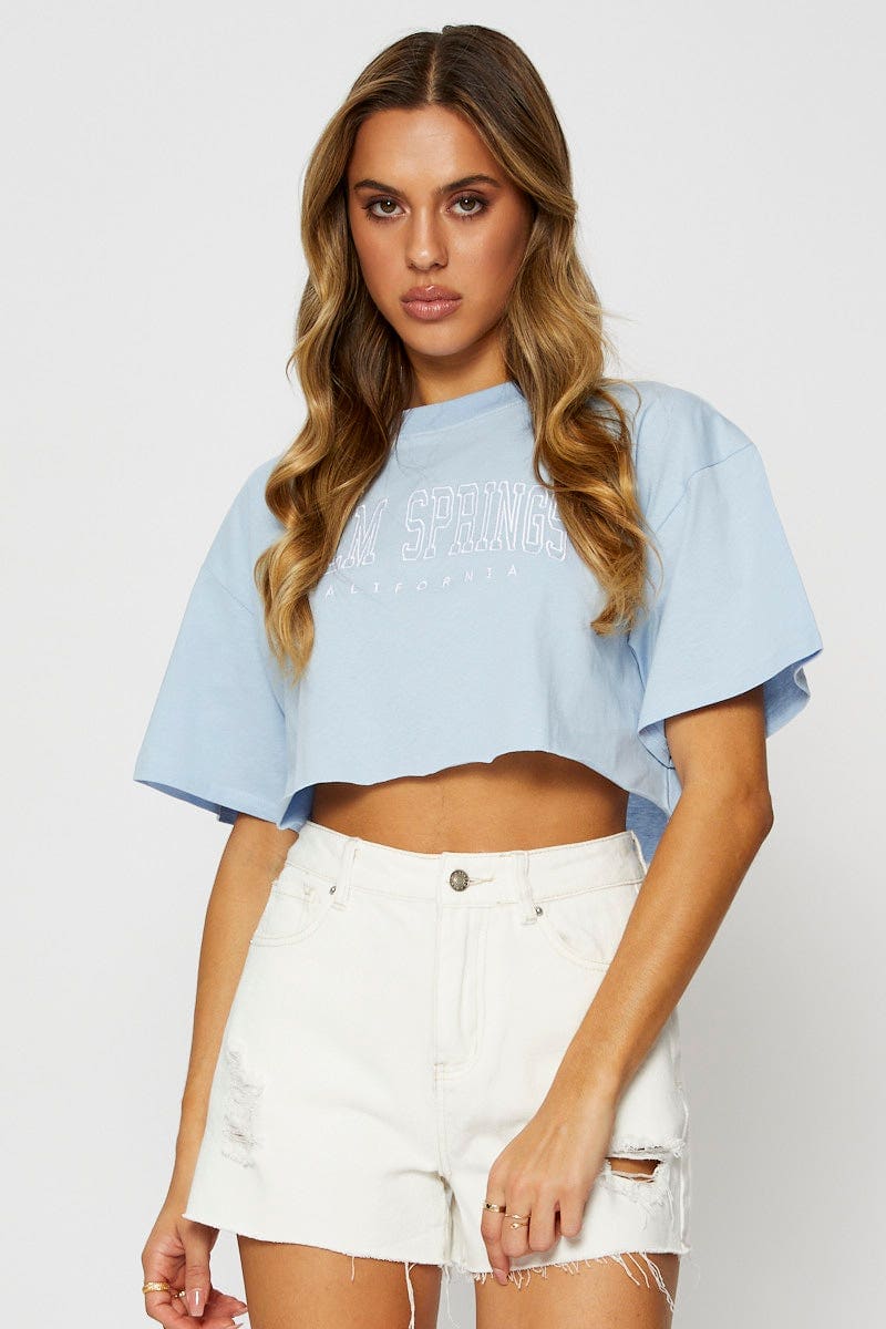 Blue Graphic T Shirt Short Sleeve Crop - Image 3