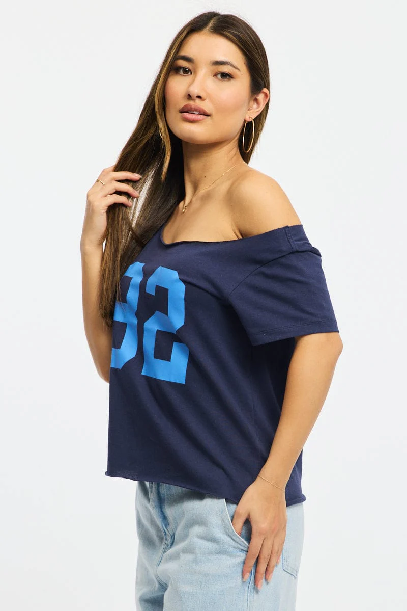 Blue Graphic Tee Off Shoulder - Image 3