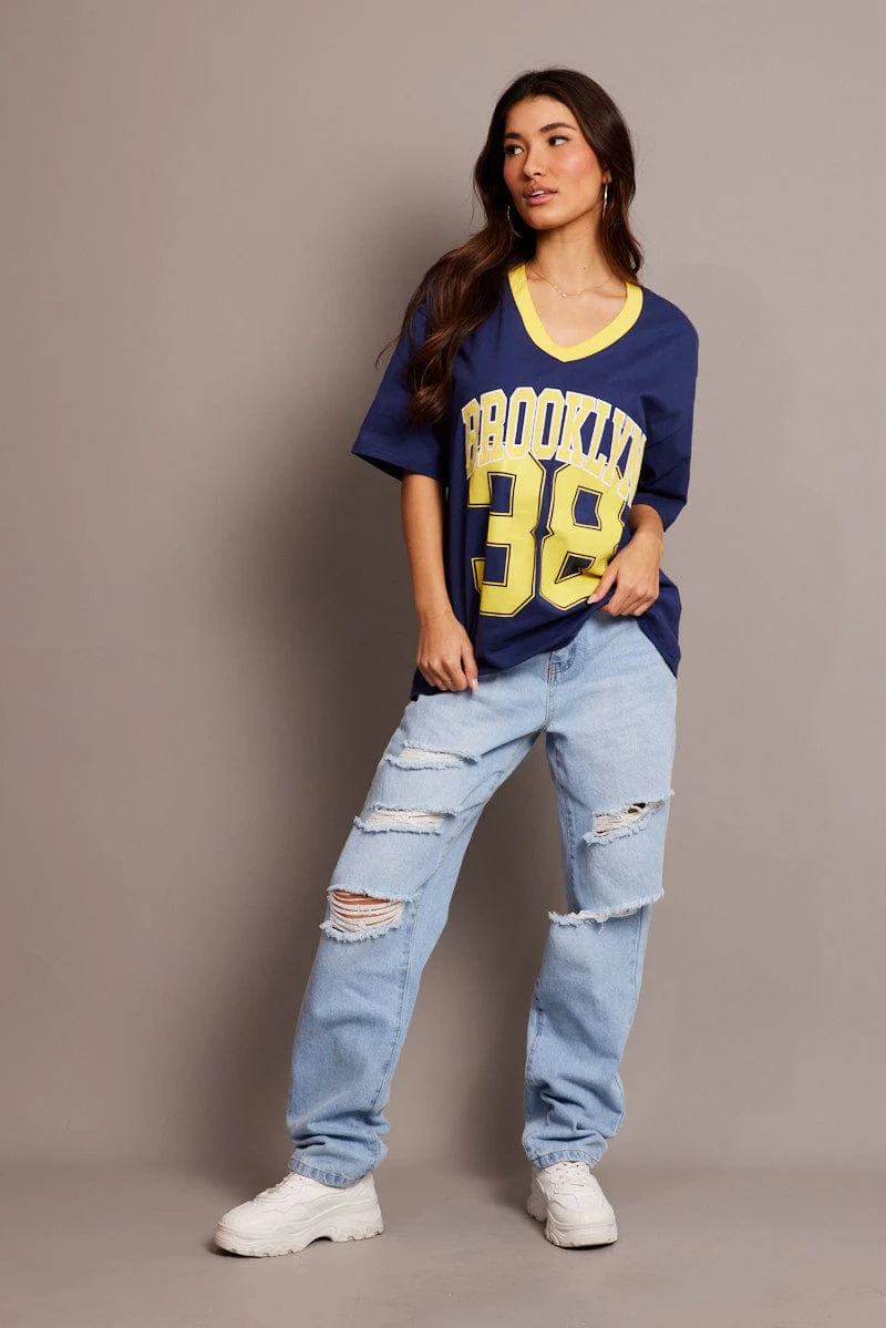 Blue Graphic Tee V Neck Short Sleeve - Image 2