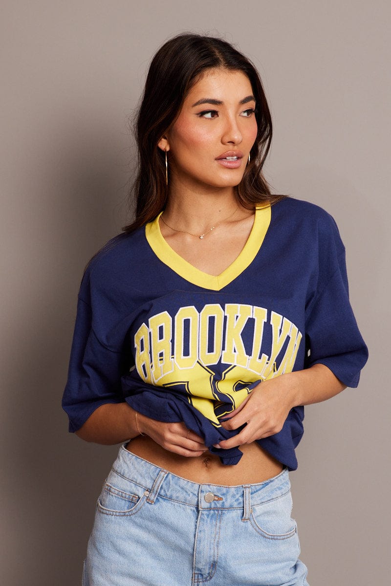 Blue Graphic Tee V Neck Short Sleeve - Image 3