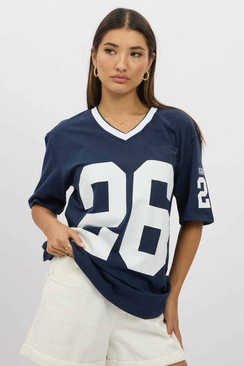 Blue Graphic Tee V Neck Short Sleeve - Image 3