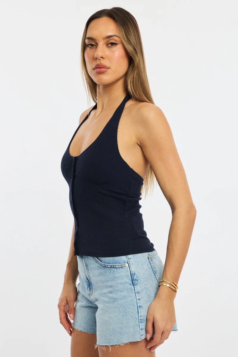 Blue Halter Neck Top Button Front Rib - Image 3
