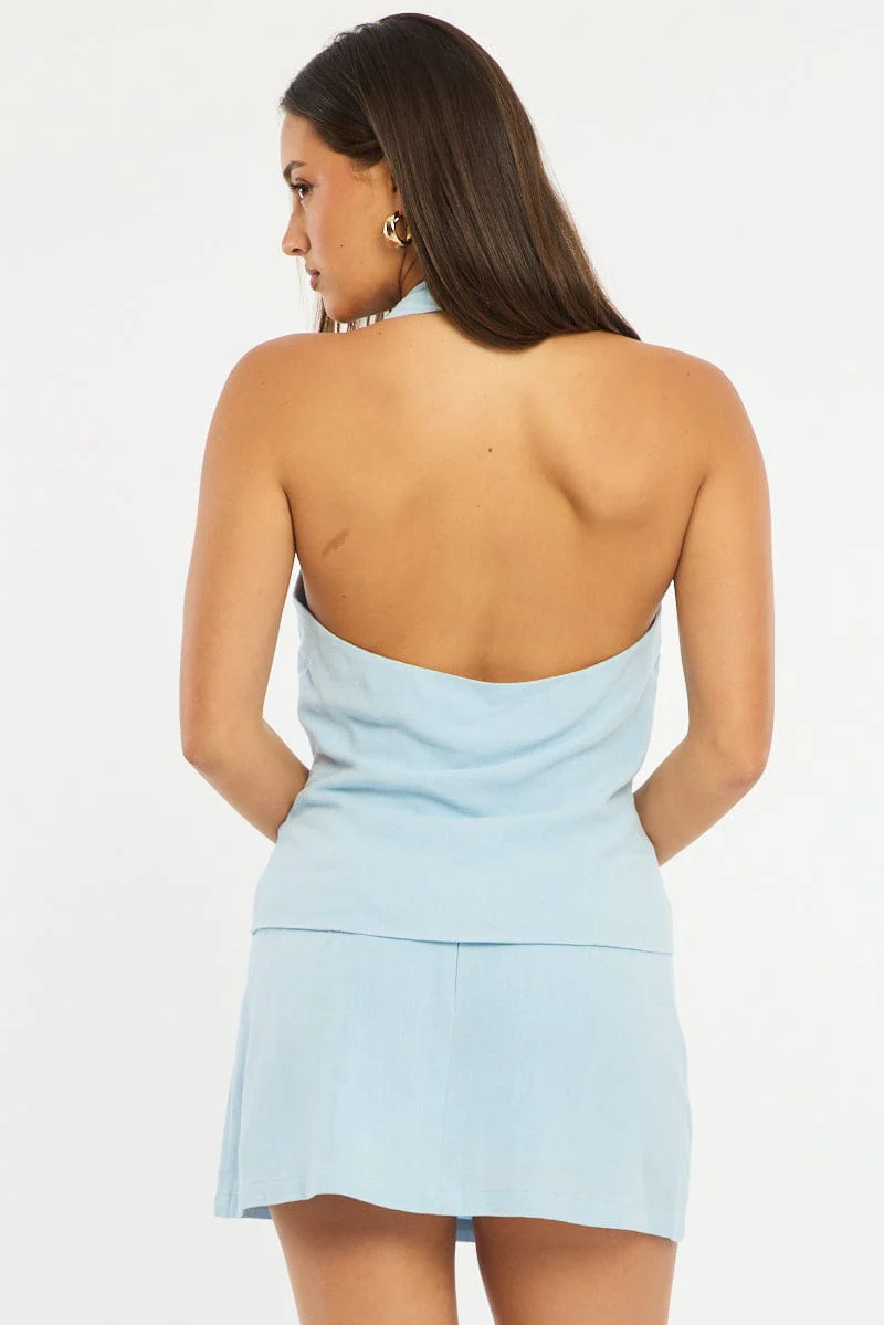 Blue Halter Vest Sleeveless Button Up Linen Blend - Image 4