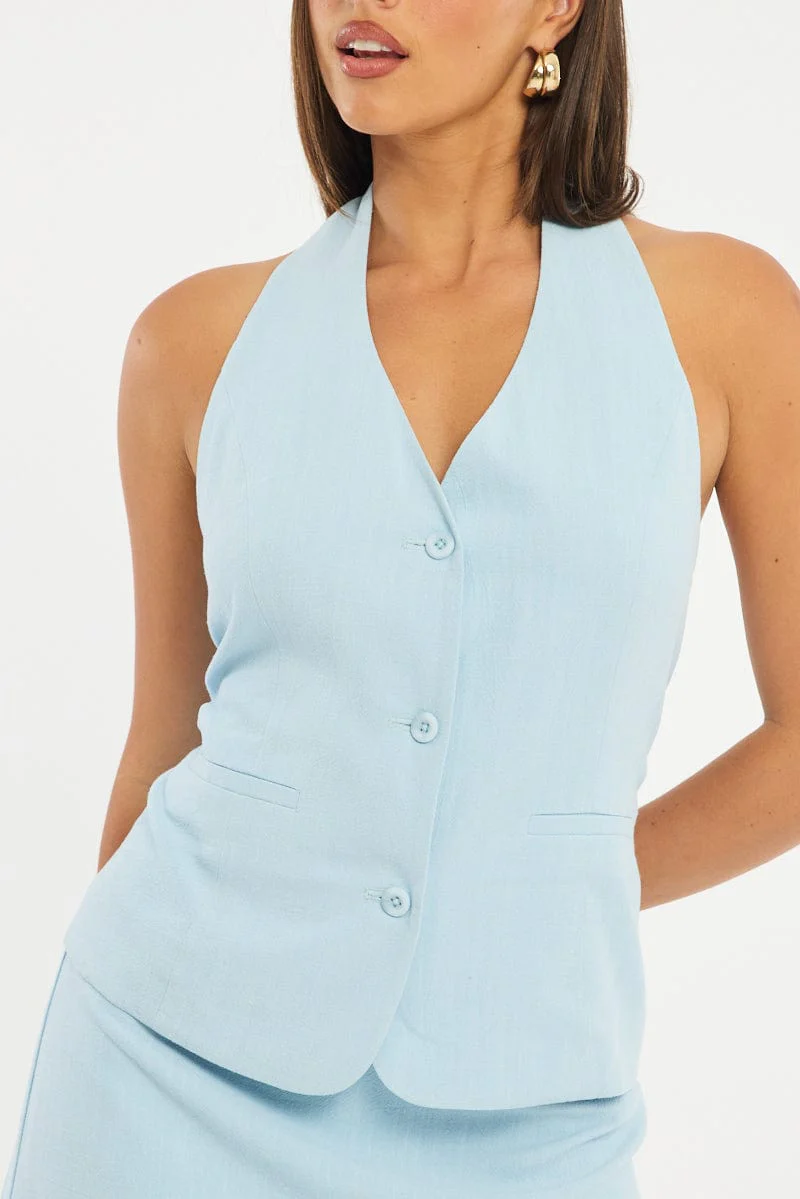 Blue Halter Vest Sleeveless Button Up Linen Blend - Image 5