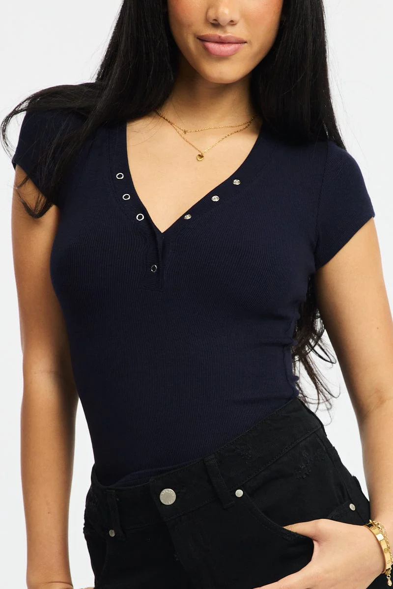 Blue Henley Top Short Sleeve - Image 5