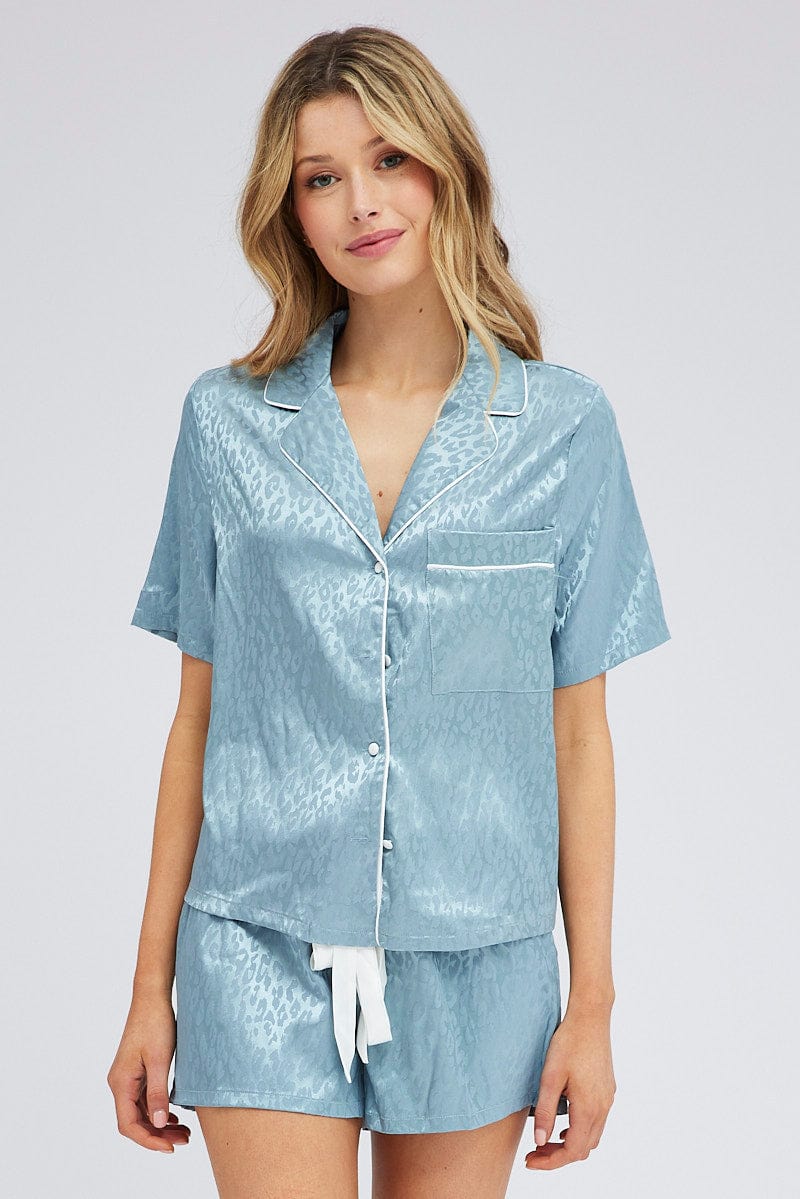 Blue Jacquard Leopard Satin Piping Detail Pyjama Set - Image 3