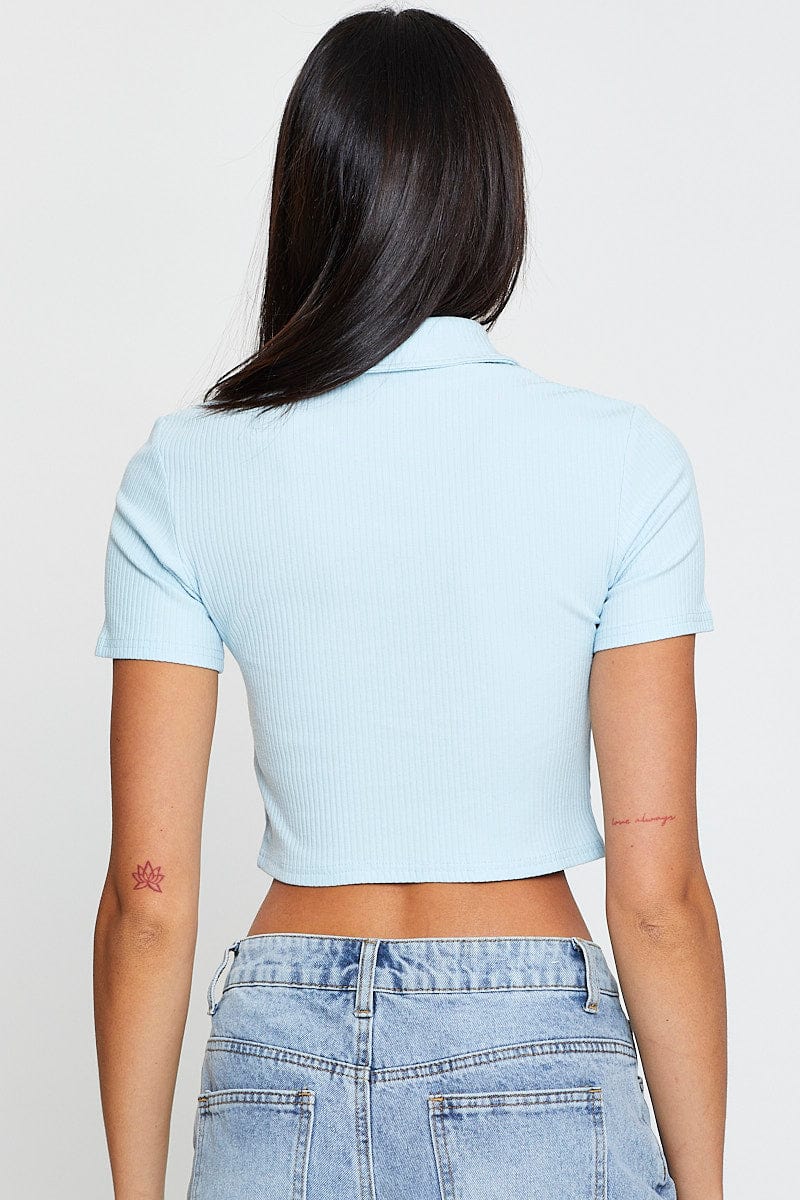 Blue Jersey Top Short Sleeve Collared Ruche - Image 5