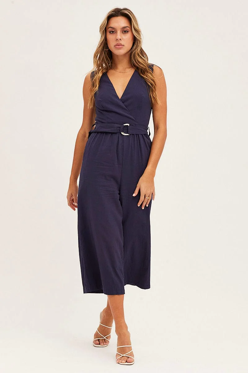 Blue Jumpsuit Sleeveless V Neck - Image 3