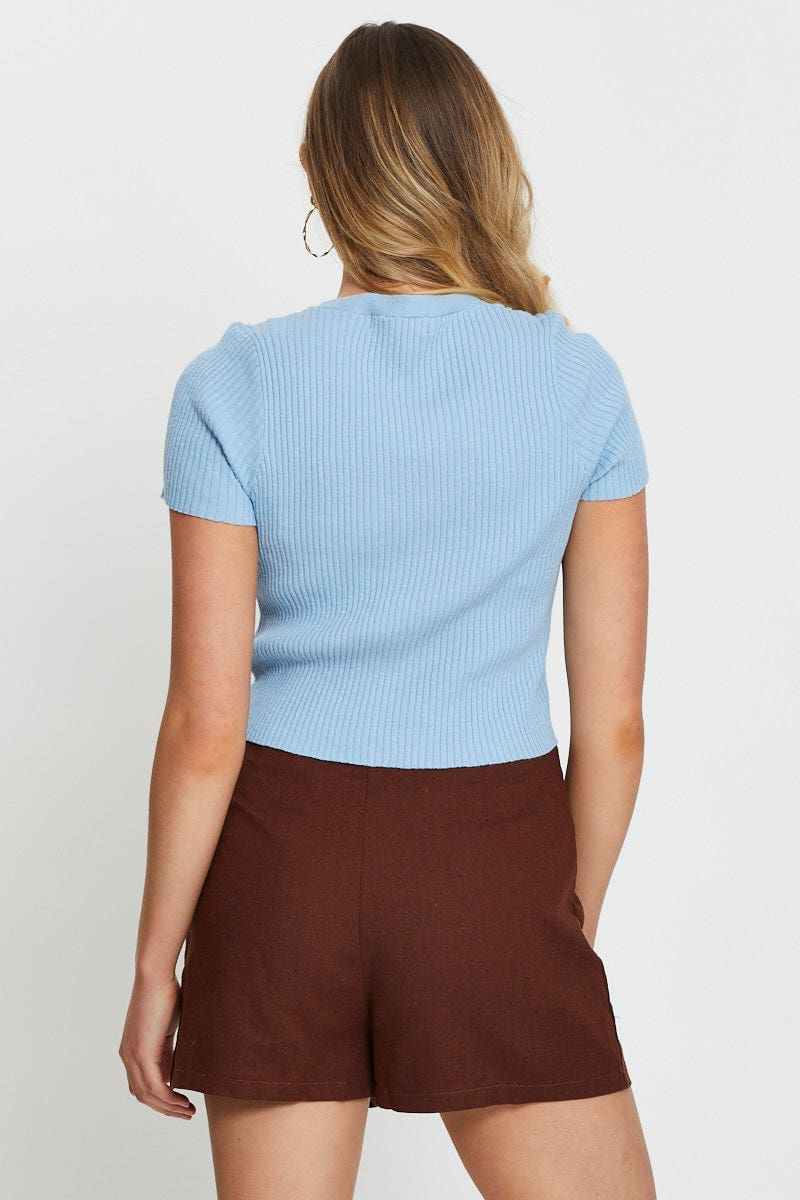 Blue Knit Cardigan Short Sleeve Crop V-Neck - Image 6