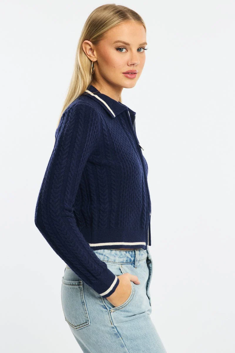 Blue Knit Jacket Cable Polo Collar Zip-up - Image 3