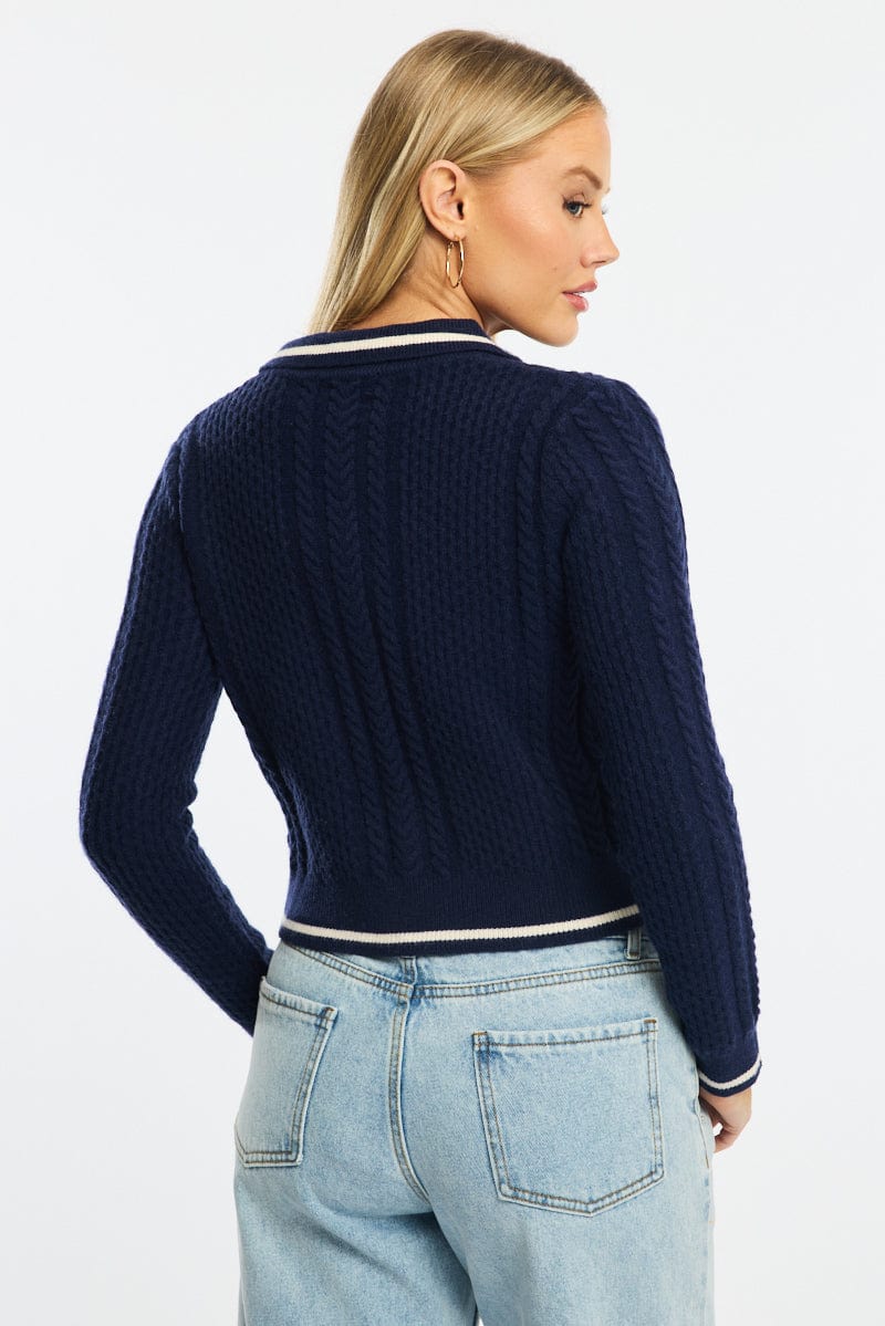Blue Knit Jacket Cable Polo Collar Zip-up - Image 4