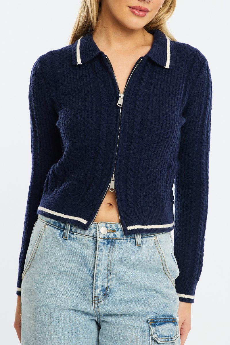 Blue Knit Jacket Cable Polo Collar Zip-up - Image 5