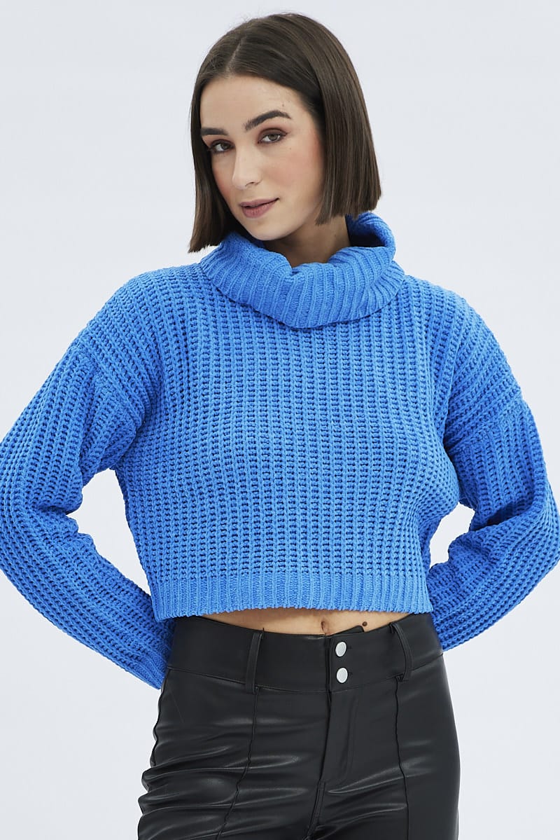 Blue Knit Jumper Turtle Neck Chenille - Image 3