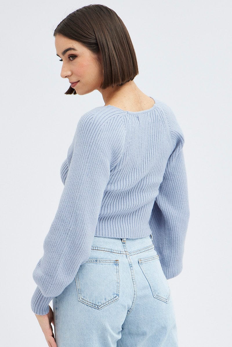 Blue Knit Top Sweet Heart Neck Volume Sleeve Crop - Image 5