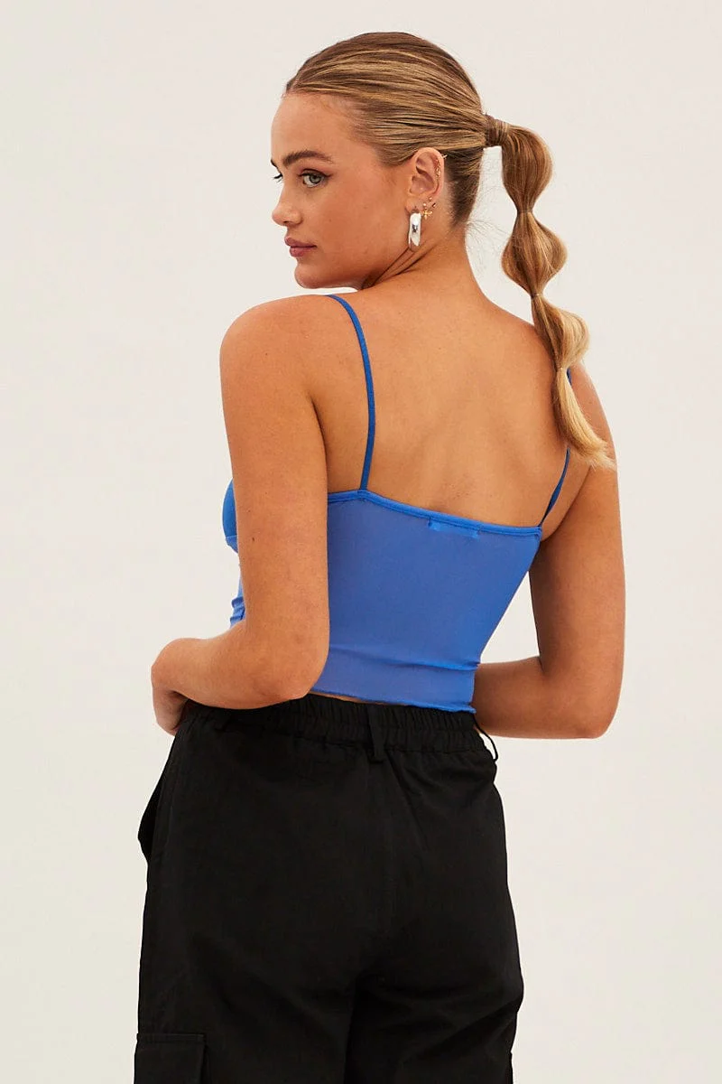 Blue Lace Trim Mesh Cami Top - Image 5